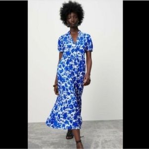 𝅺zara M Blue White floral maxi madi tunic panel dress